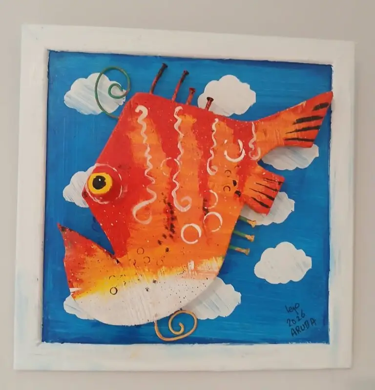 Framed Wood Orange Fish by Lejo, original art from Aruba