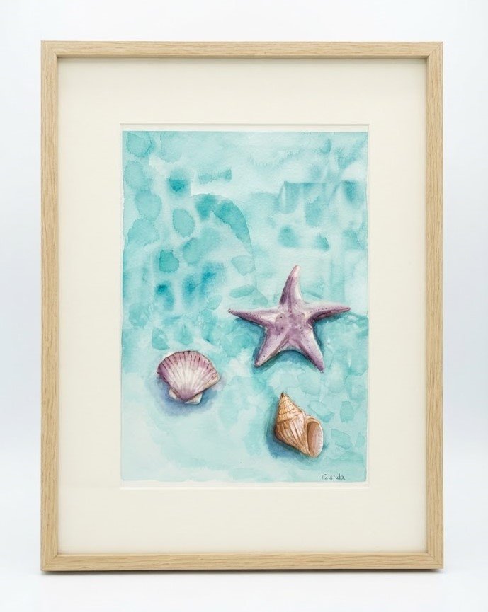 Shells on the shore by Vivian Damke, original art from Aruba